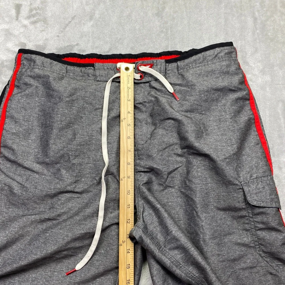 Speedo Mens Gray‎ Red White Stripe Swim Trunks Board Shorts Size L Tropical